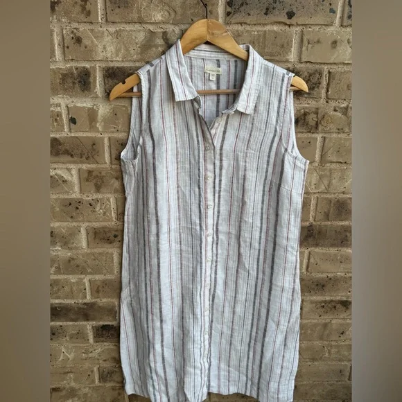 Garnet Hill White Striped Linen Midi Shirt Dress size 10 - Picture 3 of 7